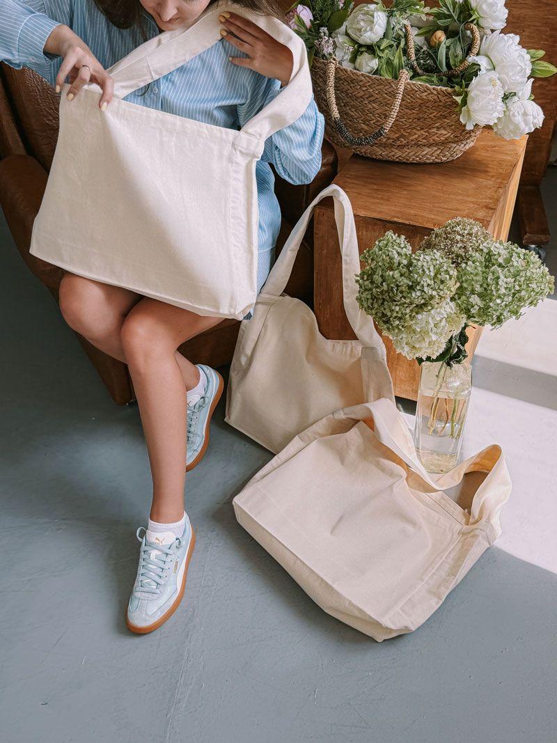 Шопер із саржі з широкою ручкою через плече — містка екосумка для покупок та щоденного використання без друку, розмір: 46см х 38см х 12см