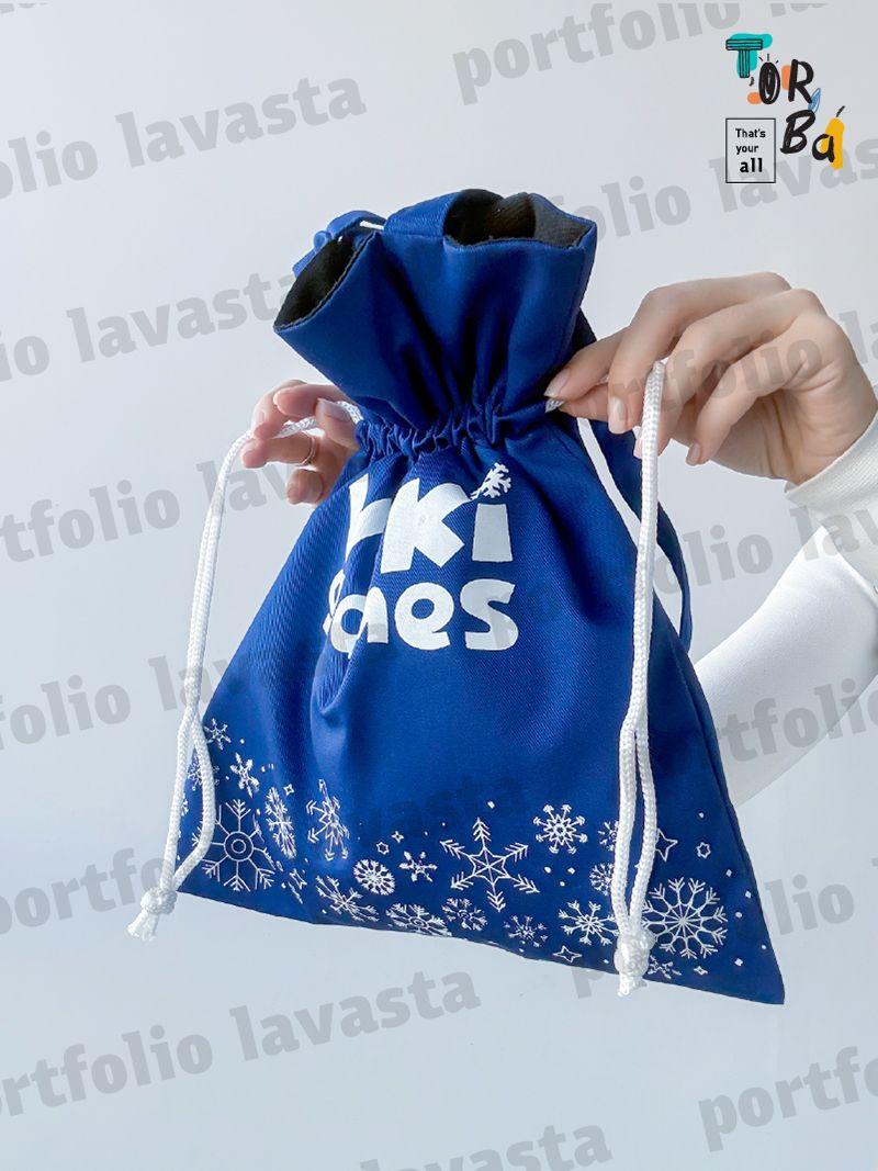 Синяя сумка-мешок из плотной саржи на затяжках, с длинными ручками, без печати, размер: 30см х 36см