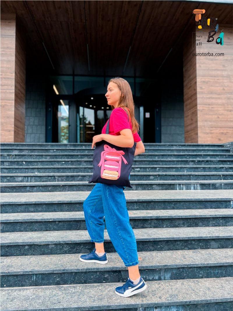 Шопер черный из бязи "Бургеры" с печатью Размер: 35см х 38см