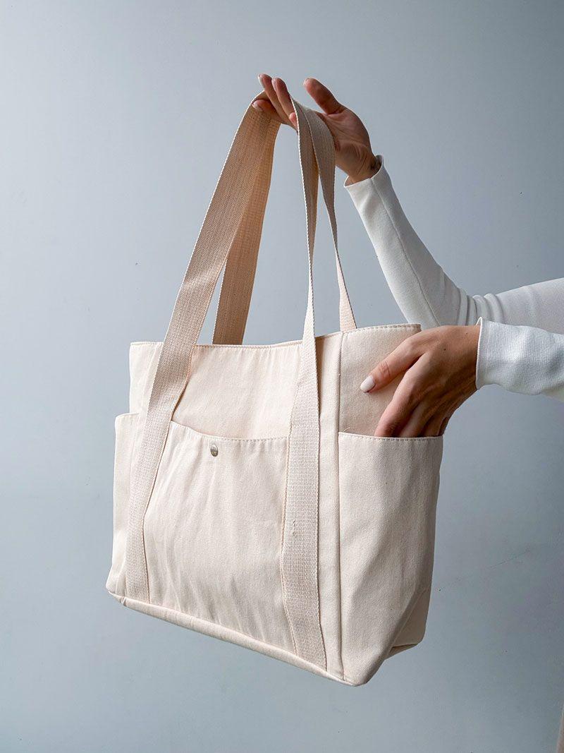 Світлий шопер із саржі з кишенею та блискавкою - містка й міцна тканинна сумка для покупок і міста без друку, розмір: 38см х 32см x 25см