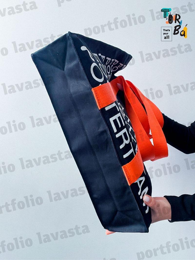 Объемный шопер с двойной оранжевой ручкой из плотного коттона без печати Размер: 41см х 41см х 10см