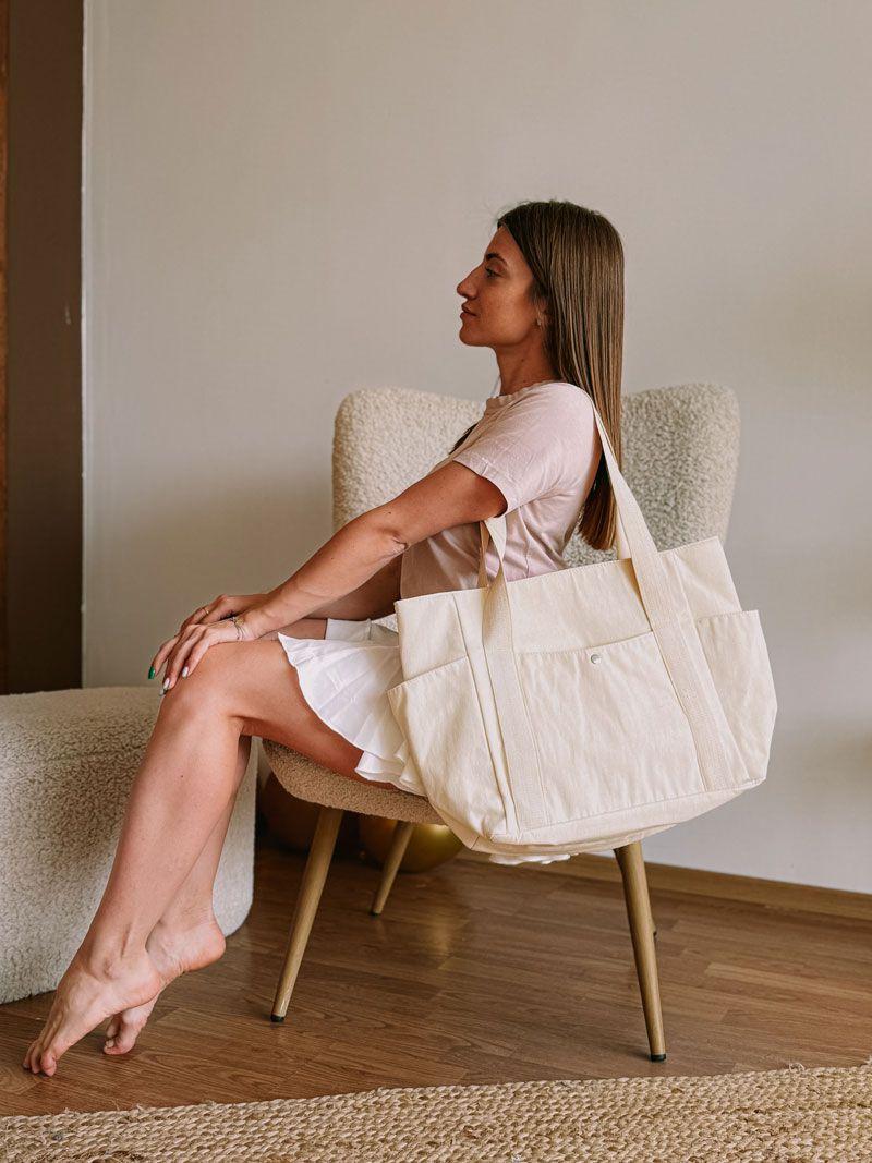 Світлий шопер із саржі з кишенею та блискавкою - містка й міцна тканинна сумка для покупок і міста без друку, розмір: 38см х 32см x 25см