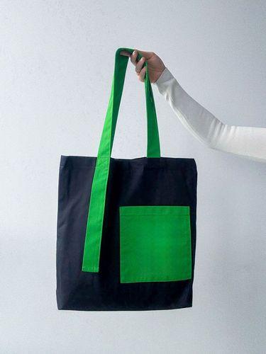 Чорно-зелений шопер із саржі з кишенею та магнітною кнопкою - стильна екосумка для покупок і щоденного використання без друку, розмір: 42см х 40см х 8см