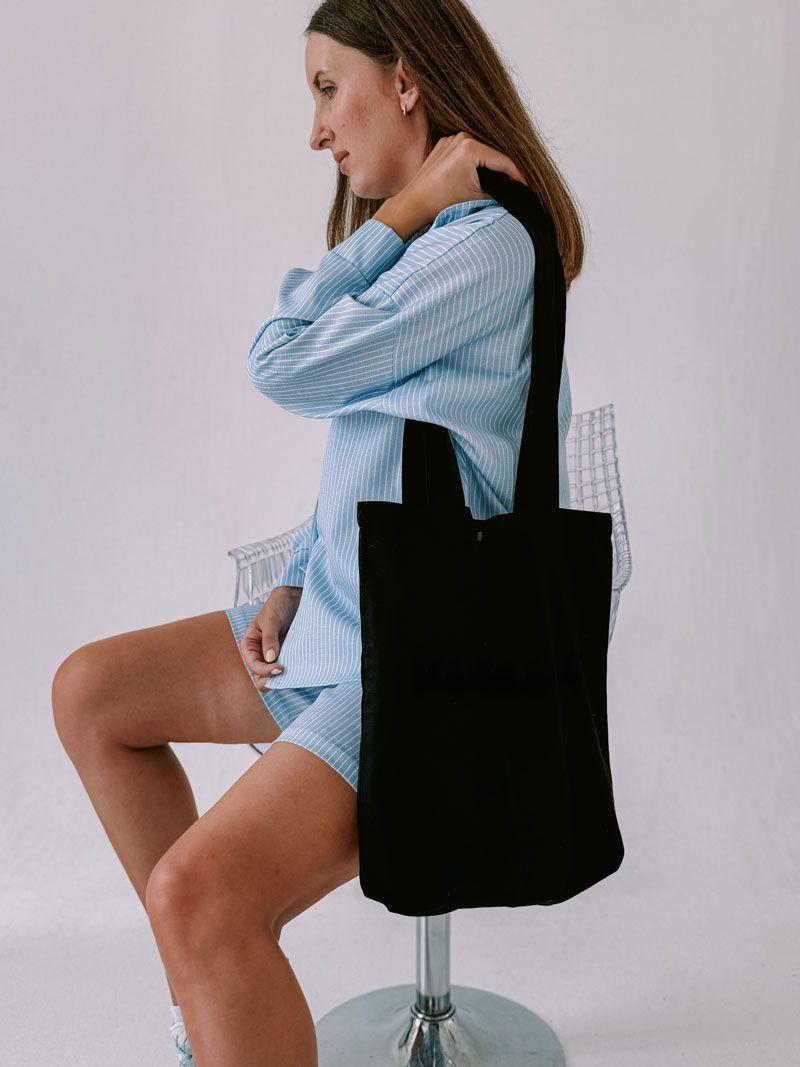 Чорна сумка-шопер із саржі з розширеним дном та довгими ручками – міцна еко-сумка для покупок і щоденного використання без друку розмір: 35см × 40см × 6см