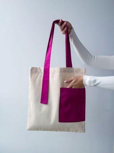 Бежева шопер-сумка з саржі з рожевими ручками і зовнішньою кишенею - стильна екосумка для покупок і щоденного використання без друку, розмір: 38см х 40см