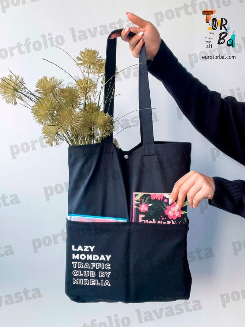 Сумка из черной саржи с карманами с кнопкой без печати Размер: 38см х 40см х 7см