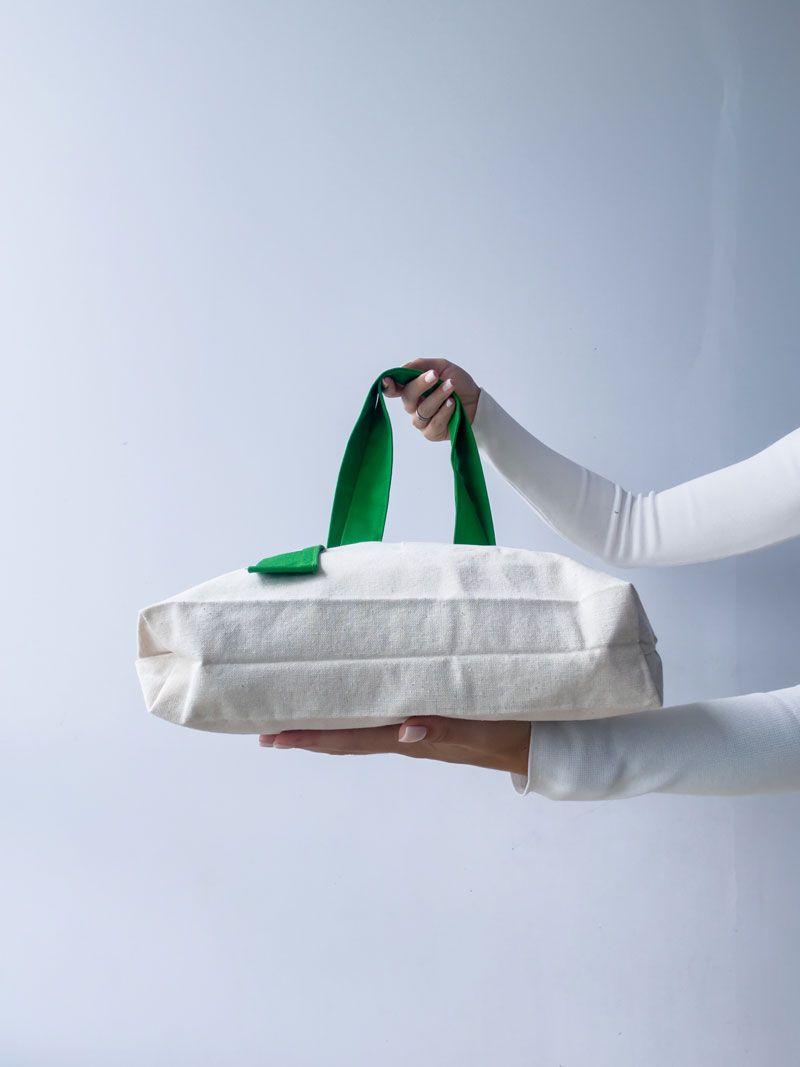 Шопер із двонитки з кишенею та зеленими довгими ручками — міцна екосумка для покупок і щоденного використання без друку, розмір: 35см х 38см х 7см