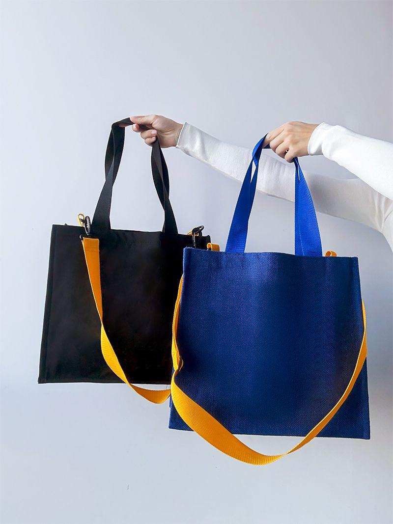 Практична джутова сумка-шопер з ручками та довгим ремінцем, без друку, розмір: 38см х 35см х 15см