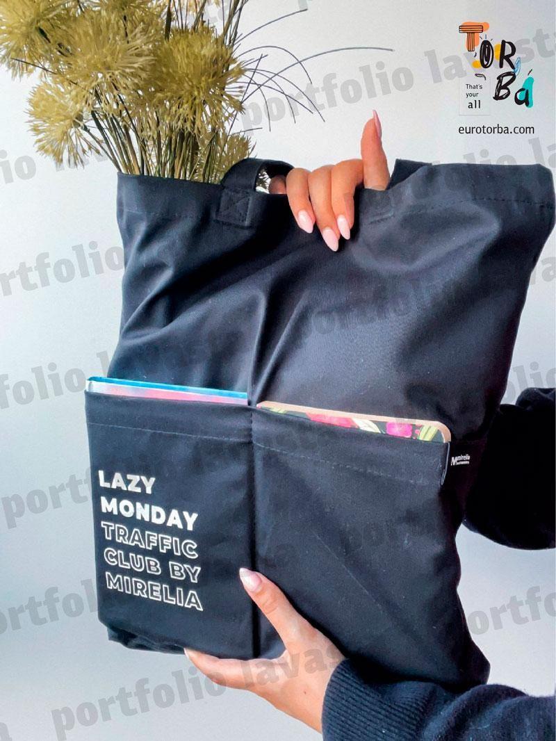 Сумка из черной саржи с карманами с кнопкой без печати Размер: 38см х 40см х 7см