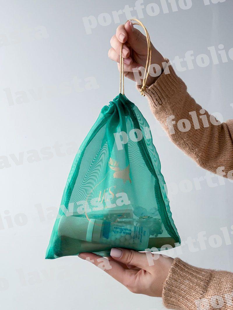 Прозрачный сетчатый мешочек на завязках - многоразовый упаковочный мешочек для косметики, подарков или хранения, без печати, размер: 20см х 25см