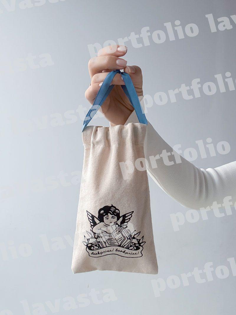 Мішечок із двонитки з синьою репсовою стрічкою-зав’язкою – міцний тканинний пакет для аксесуарів та подарунків без друку розмір: 12см х 20см