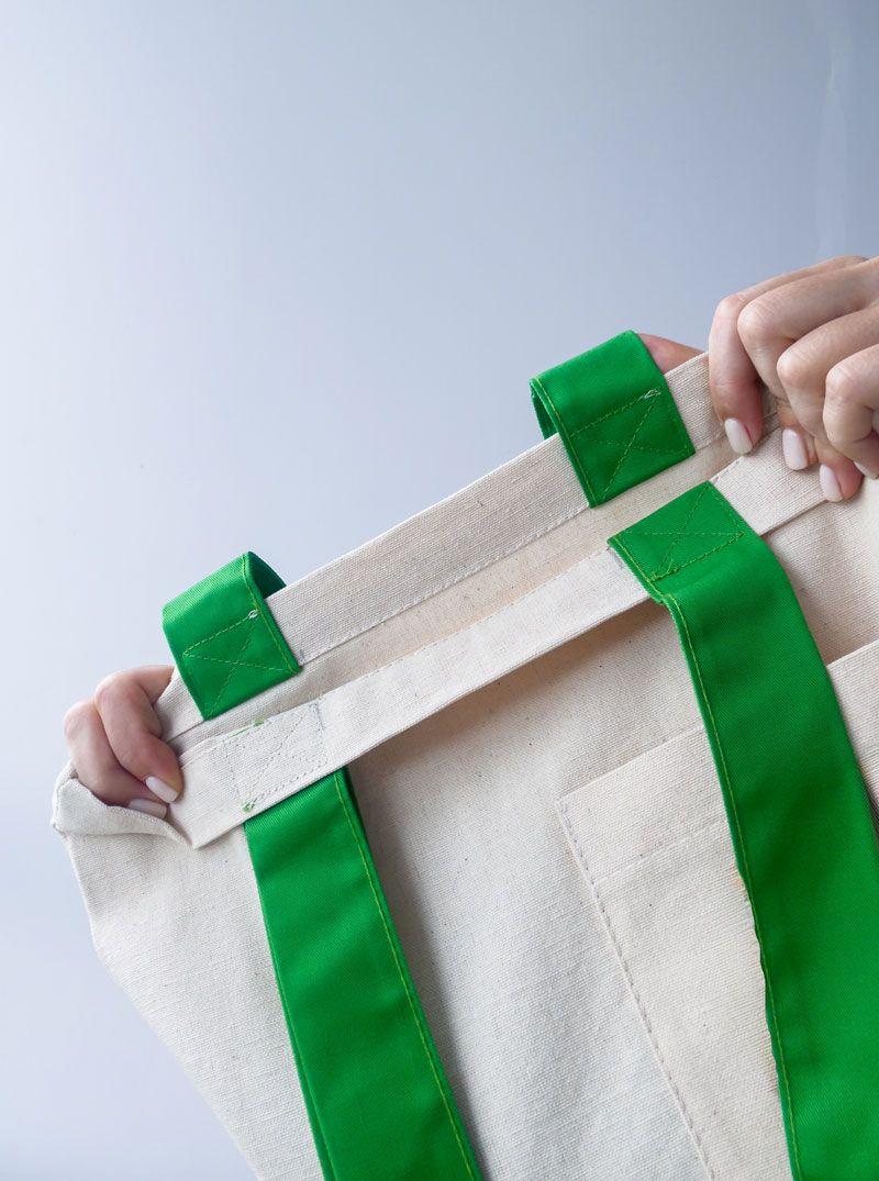Шопер із двонитки з кишенею та зеленими довгими ручками — міцна екосумка для покупок і щоденного використання без друку, розмір: 35см х 38см х 7см