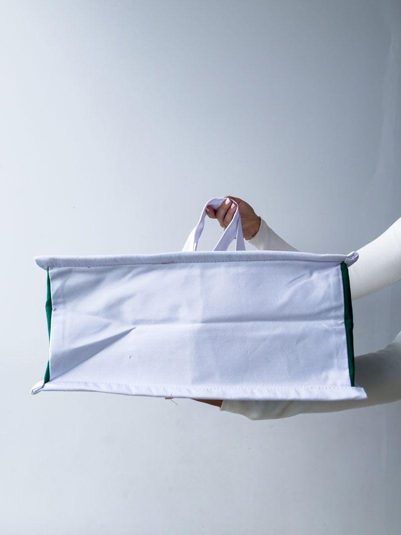 Білий шопер із бавовни з внутрішніми зеленими кишенями — стильна екосумка для покупок та щоденного використання без друку розмір: 38см х 35см х 15см