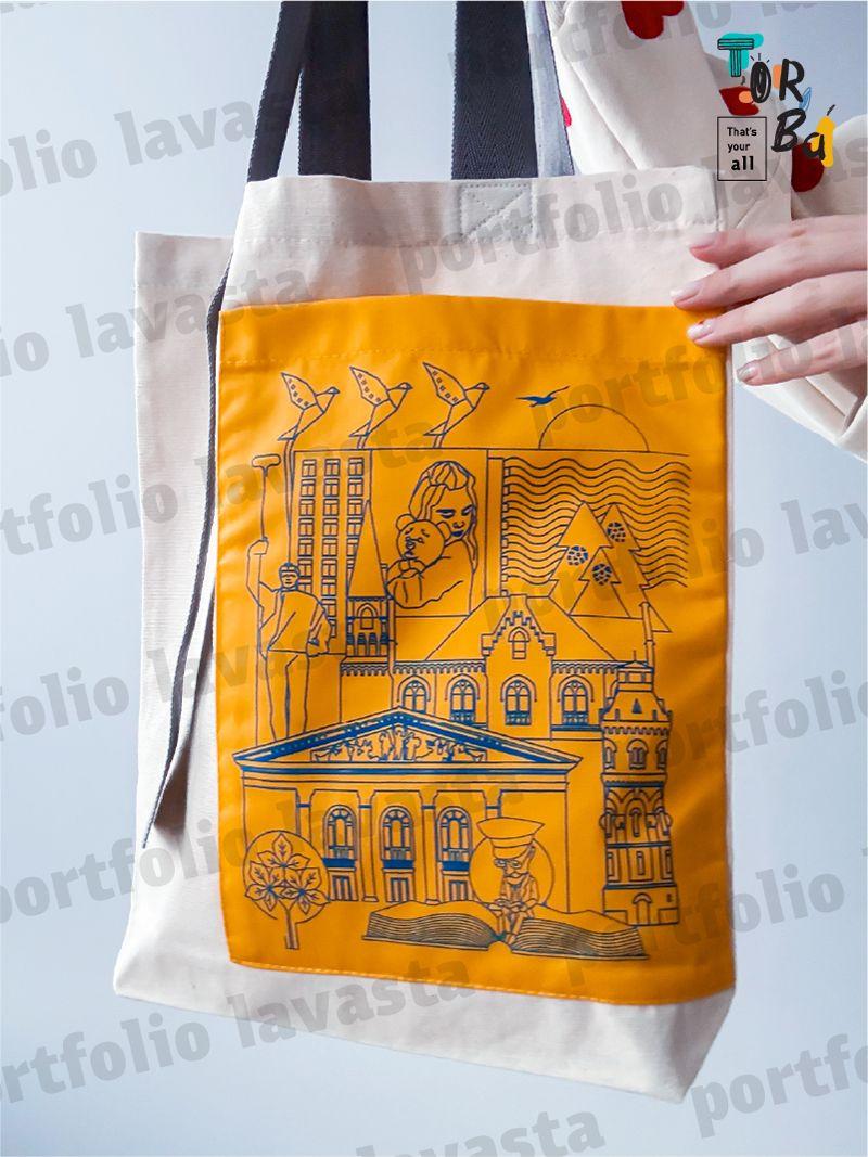 Еко-сумка із кишенею, нависаючою стрічкою та кольоровими ручками, без друку, розмір: 35см х 40см х 7см