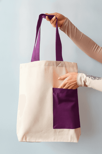 Cotton Tote Bag with Pocket and Purple Handles