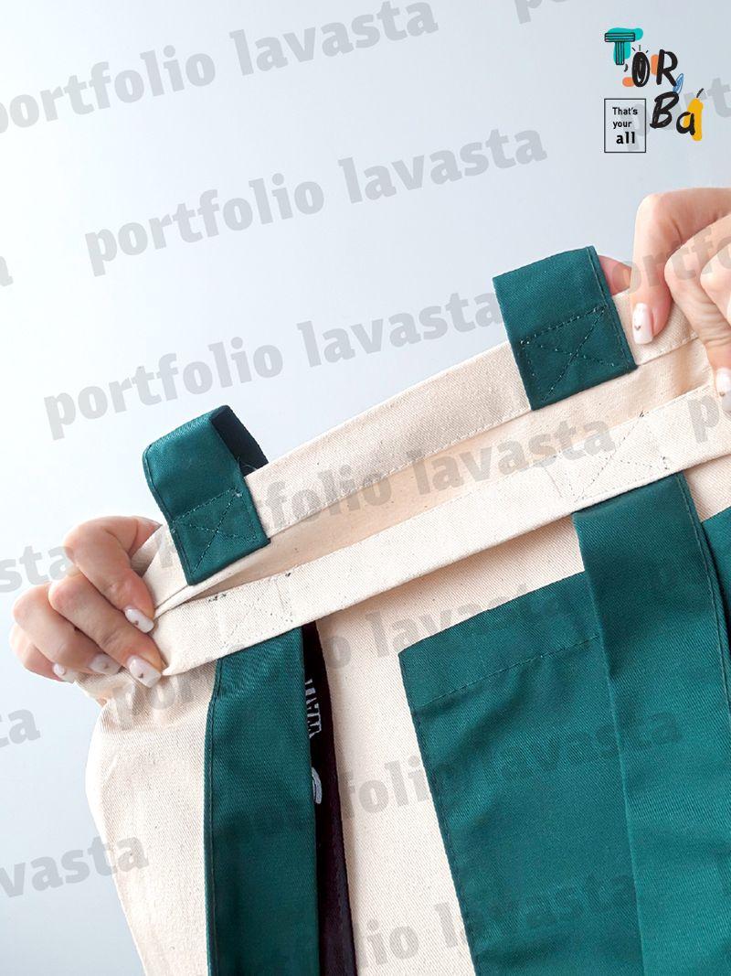 Шопер з натуральної тканини із зеленою кишенею та нависаючою стрічкою, без друку, розмір: 35см х 45см х 10см