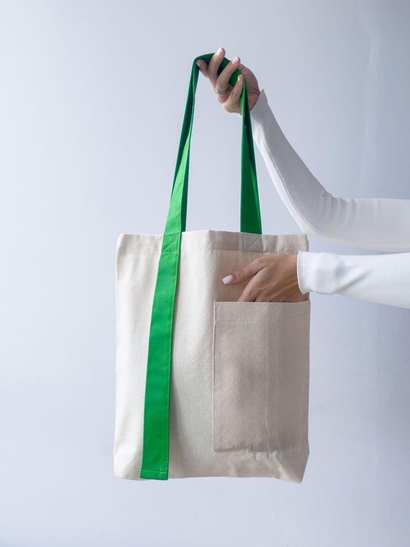 Шопер із двонитки з кишенею та зеленими довгими ручками — міцна екосумка для покупок і щоденного використання без друку, розмір: 35см х 38см х 7см