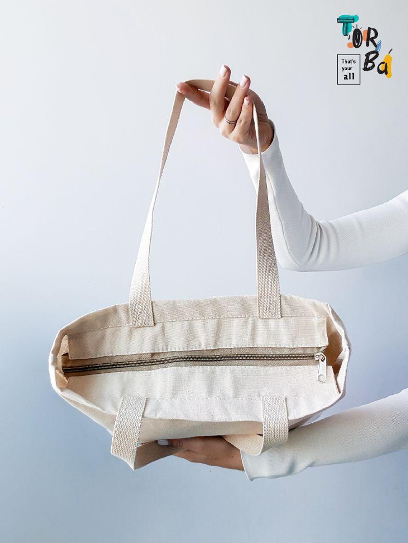 Світло-бежева стильна сумка-шопер з натуральної тканини для різних дрібничок на застібці-блискавці, без друку, розмір: 38см х 40см