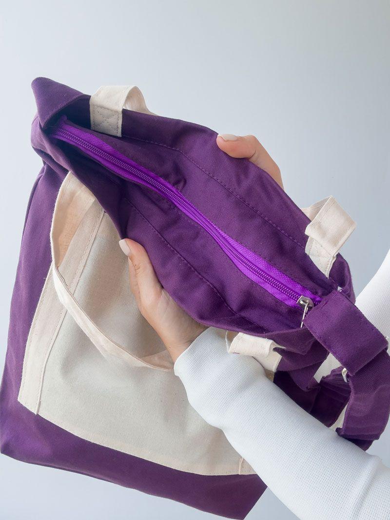 Шопер із саржі з зовнішньою кишенею та блискавкою - текстильна екосумка на щодень (кольори в асортименті) без друку, розмір: 35см х 38см х 7см