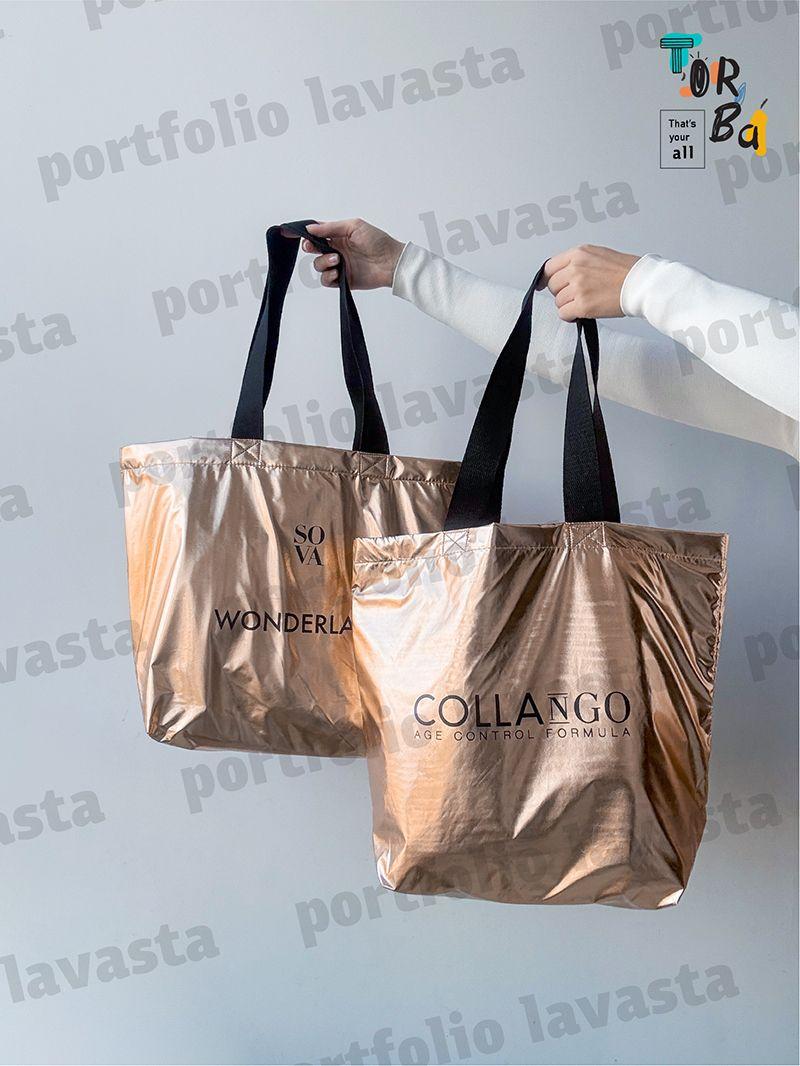 Містка золота еко-сумка з водовідштовхувальної плащової тканини, без друку, розмір: 45см х 35см х 15см