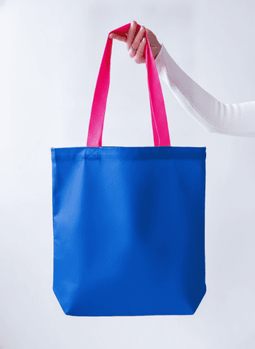 Blue Oxford Tote Bag with Pink Handle