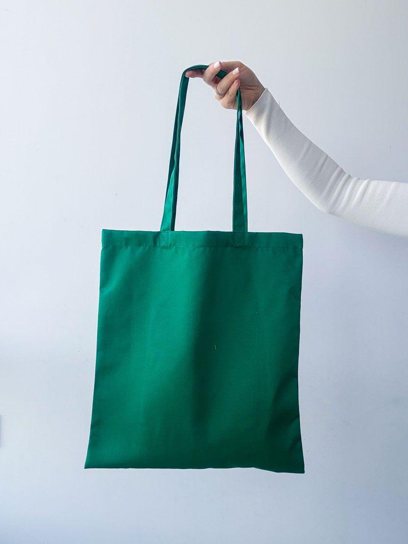 Зелена екосумка з зовнішньою кишенею з велкро-тканини — шопер із щільної бавовни з довгими ручками для щоденного використання без друку розмір: 38см × 42см
