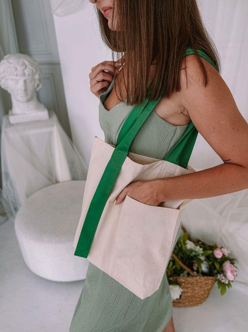 Шопер із двонитки з кишенею та зеленими довгими ручками — міцна екосумка для покупок і щоденного використання без друку, розмір: 35см х 38см х 7см