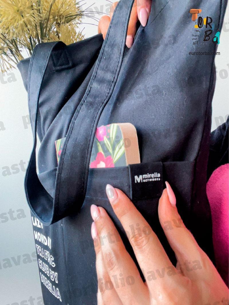 Сумка из черной саржи с карманами с кнопкой без печати Размер: 38см х 40см х 7см