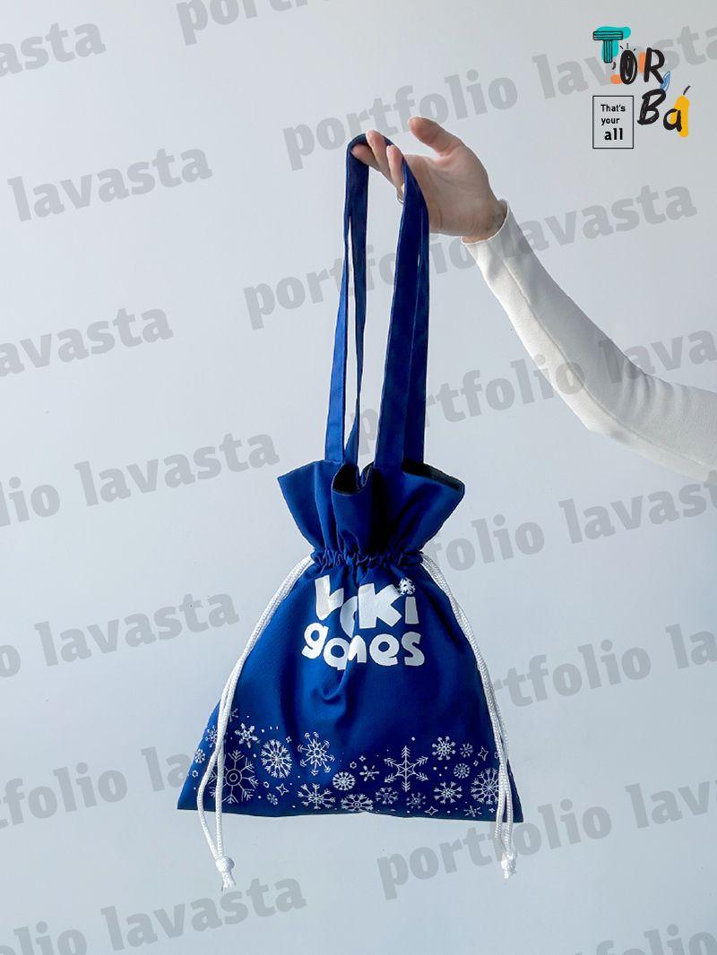 Синяя сумка-мешок из плотной саржи на затяжках, с длинными ручками, без печати, размер: 30см х 36см