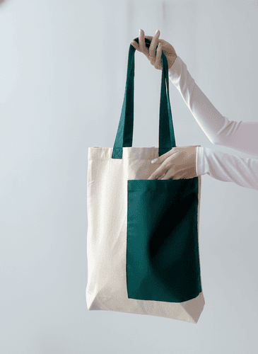 Natural Fabric Tote Bag with Green Pocket & Ribbon