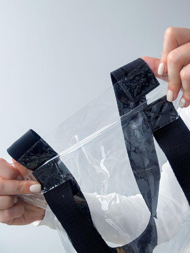 Прозрачная сумка-шопер из ПВХ плёнки с чёрными ручками - стильная водонепроницаемая экосумка для покупок и мероприятий без печати размер: 30см × 40см × 7см