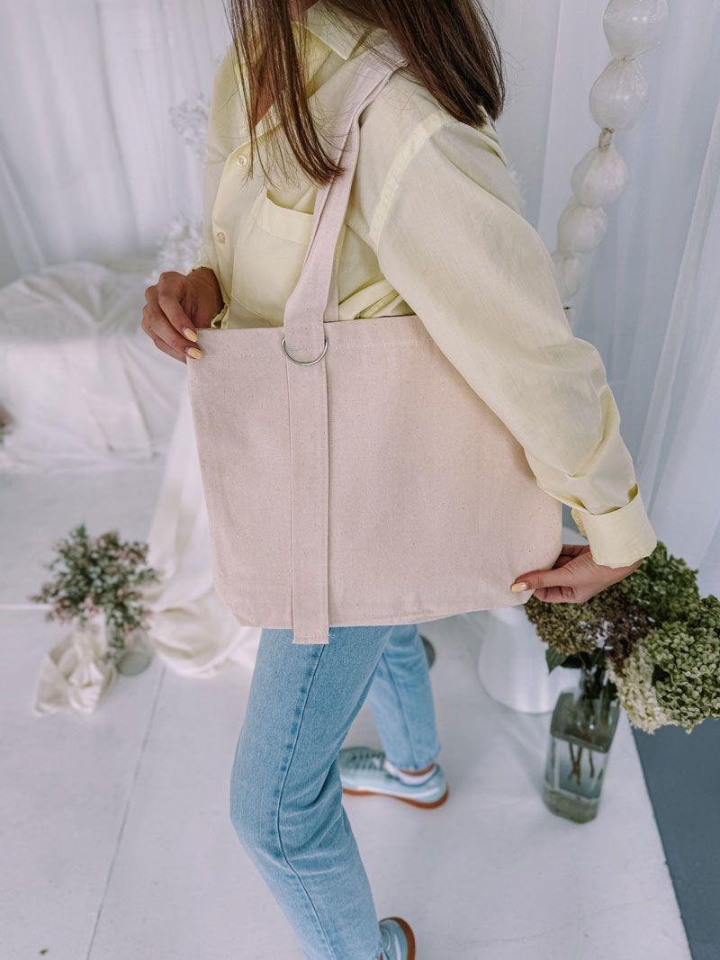 Еко-шопер із двунитки з кільцем — стильна бавовняна сумка для покупок і щоденного використання без друку, розміри: 43см х 35см х 8см