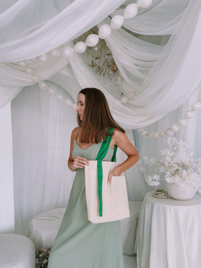 Шопер із двонитки з кишенею та зеленими довгими ручками — міцна екосумка для покупок і щоденного використання без друку, розмір: 35см х 38см х 7см