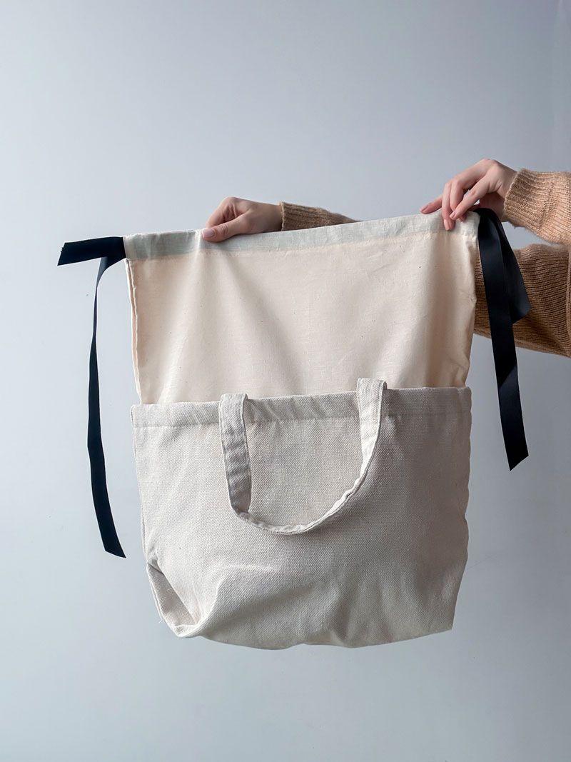 Містка еко-сумка з зав’язкою - бавовняна торба-шопер для покупок, поїздок і повсякденного використання, без друку, розмір: 65см х 35см х 35см