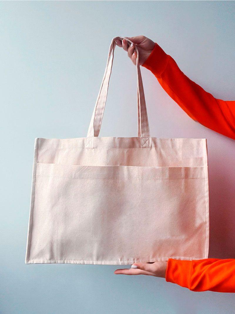 Горизонтильная объемная сумка из плотного коттона с наружными карманами без печати Размер: 50cм х 35см х 14см