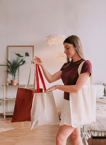 Solid Calico Tote Bag with Colorful Handles