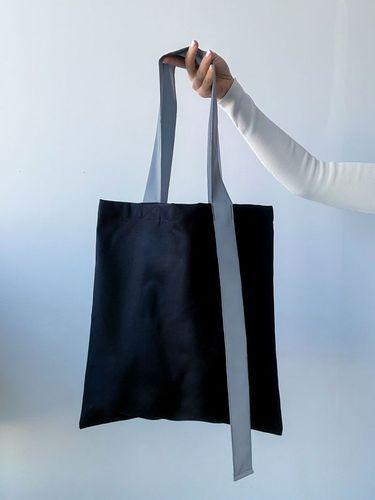 Сумка шопер чорна з довгими сірими ручками з cтрічки - еко торба без дна, пласка, стильна, для покупок, на плече без друку, розмір: 38см х 42см