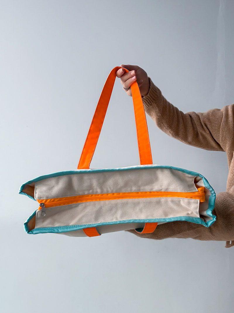 Еко-сумка з саржі з бірюзовою окантовкою та яскравими ручками - стильний шопер для покупок і подорожей, без друку, розмір: 40см х 35см х 15см