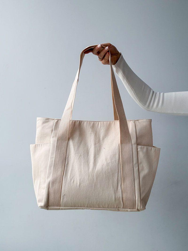 Світлий шопер із саржі з кишенею та блискавкою - містка й міцна тканинна сумка для покупок і міста без друку, розмір: 38см х 32см x 25см