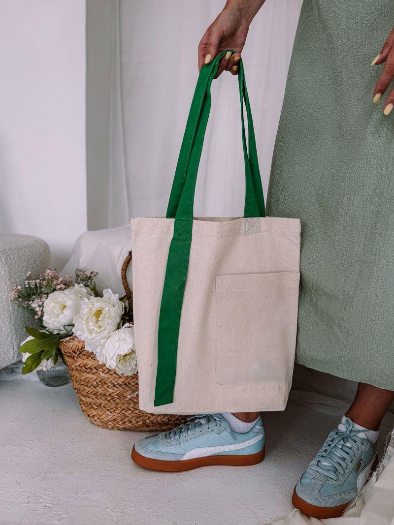 Шопер із двонитки з кишенею та зеленими довгими ручками — міцна екосумка для покупок і щоденного використання без друку, розмір: 35см х 38см х 7см