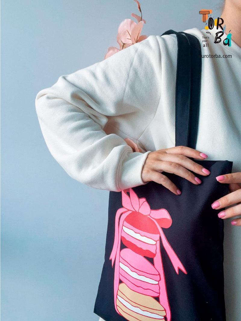 Шопер черный из бязи "Бургеры" с печатью Размер: 35см х 38см