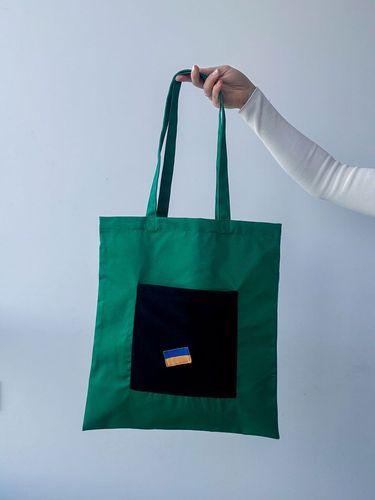 Зелена екосумка з зовнішньою кишенею з велкро-тканини — шопер із щільної бавовни з довгими ручками для щоденного використання без друку розмір: 38см × 42см