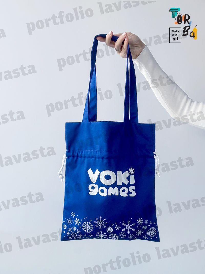 Синяя сумка-мешок из плотной саржи на затяжках, с длинными ручками, без печати, размер: 30см х 36см