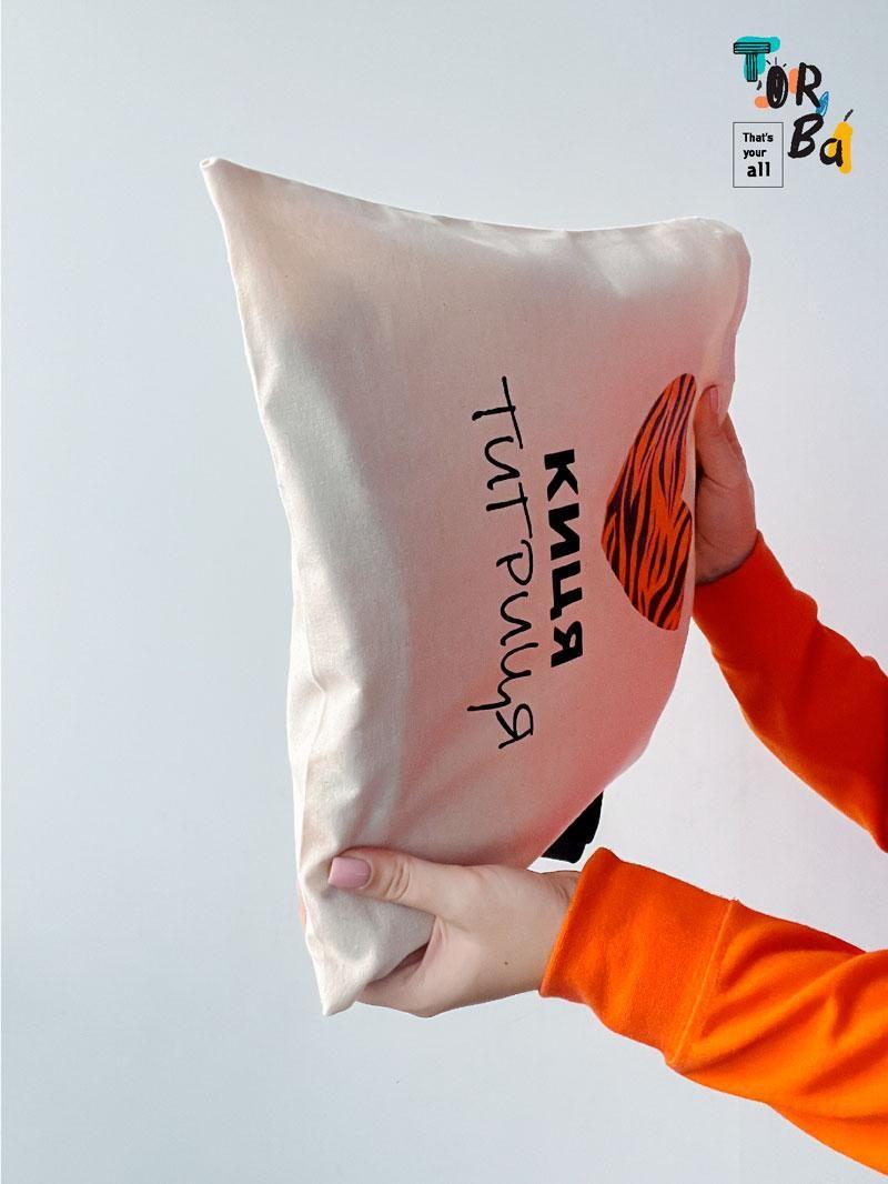 Шопер тигрица с черными ручками из тонкого коттона без печати Размер: 35см х 40см