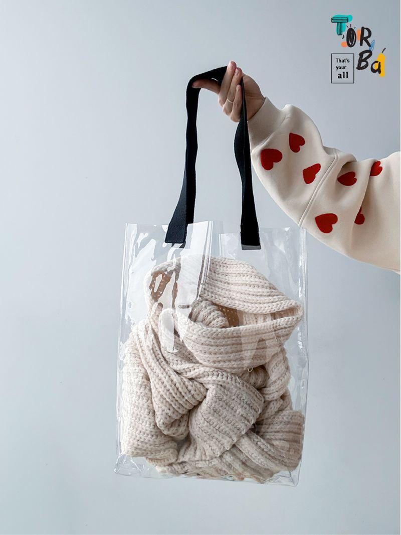 Прозрачная, крепкая силиконовая сумка с черной ручкой, без печати, размер: 38см х 42см х 7см