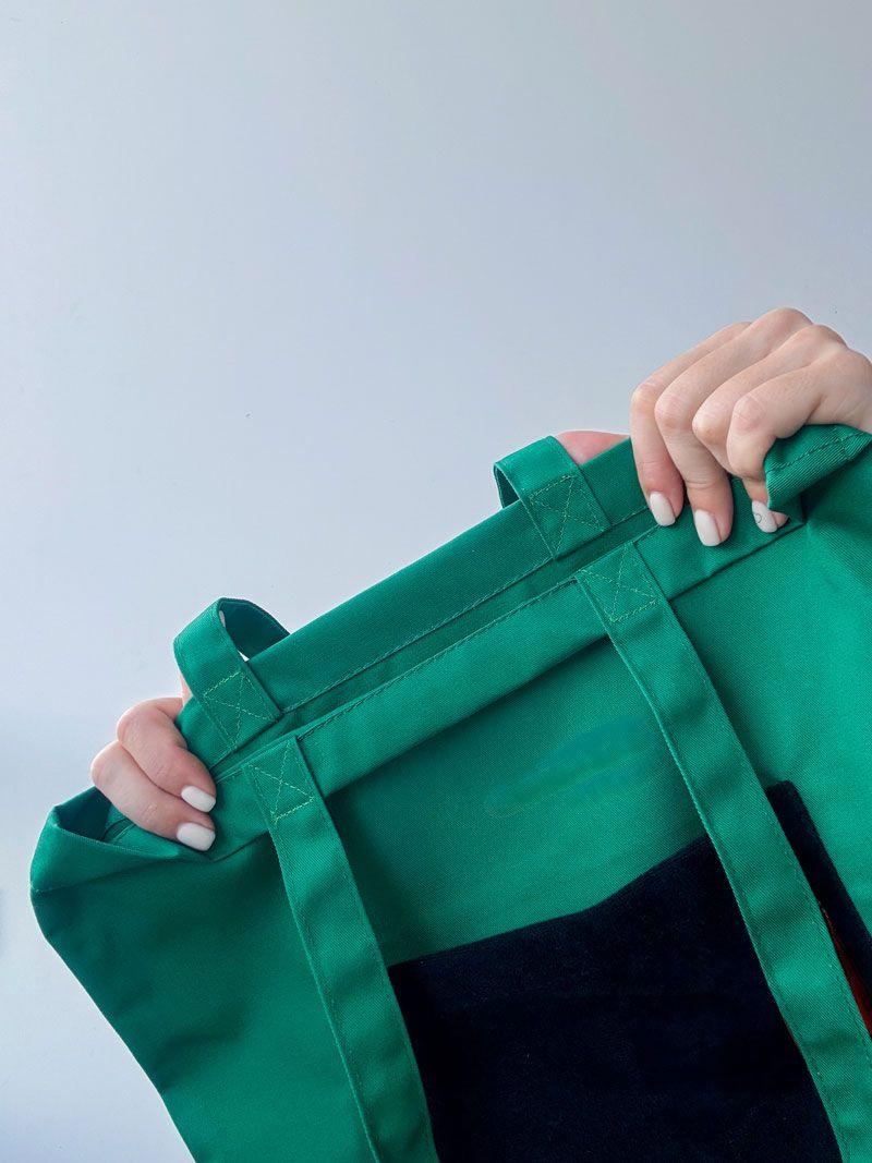 Зелена екосумка з зовнішньою кишенею з велкро-тканини — шопер із щільної бавовни з довгими ручками для щоденного використання без друку розмір: 38см × 42см