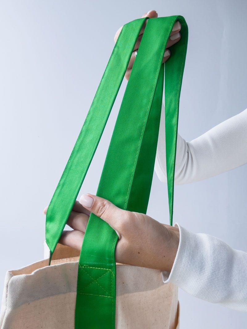 Шопер із двонитки з кишенею та зеленими довгими ручками — міцна екосумка для покупок і щоденного використання без друку, розмір: 35см х 38см х 7см
