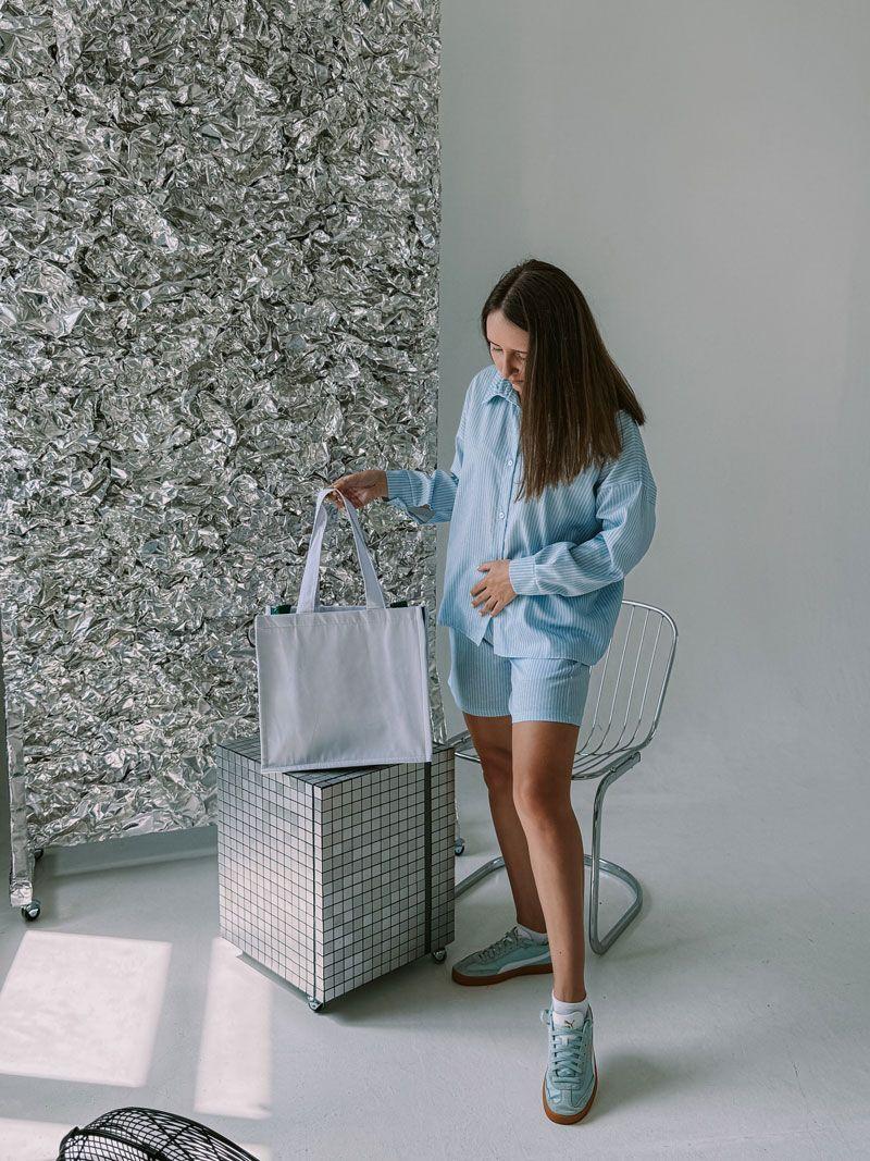 Білий шопер із бавовни з внутрішніми зеленими кишенями — стильна екосумка для покупок та щоденного використання без друку розмір: 38см х 35см х 15см