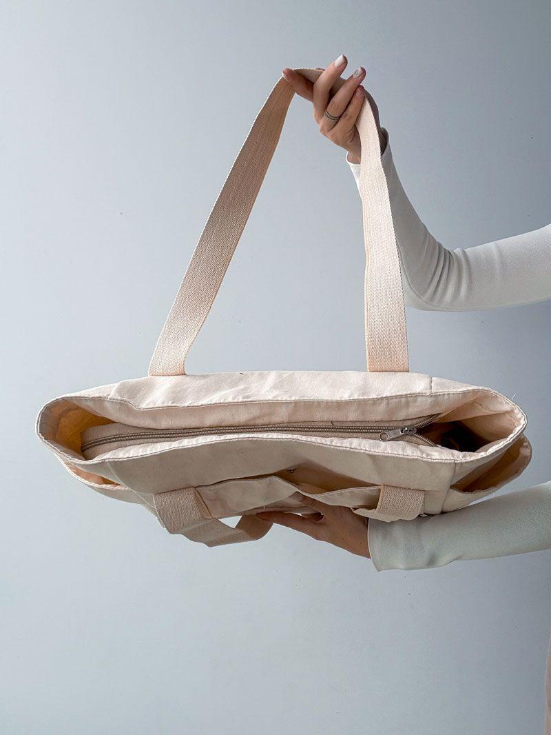 Світлий шопер із саржі з кишенею та блискавкою - містка й міцна тканинна сумка для покупок і міста без друку, розмір: 38см х 32см x 25см