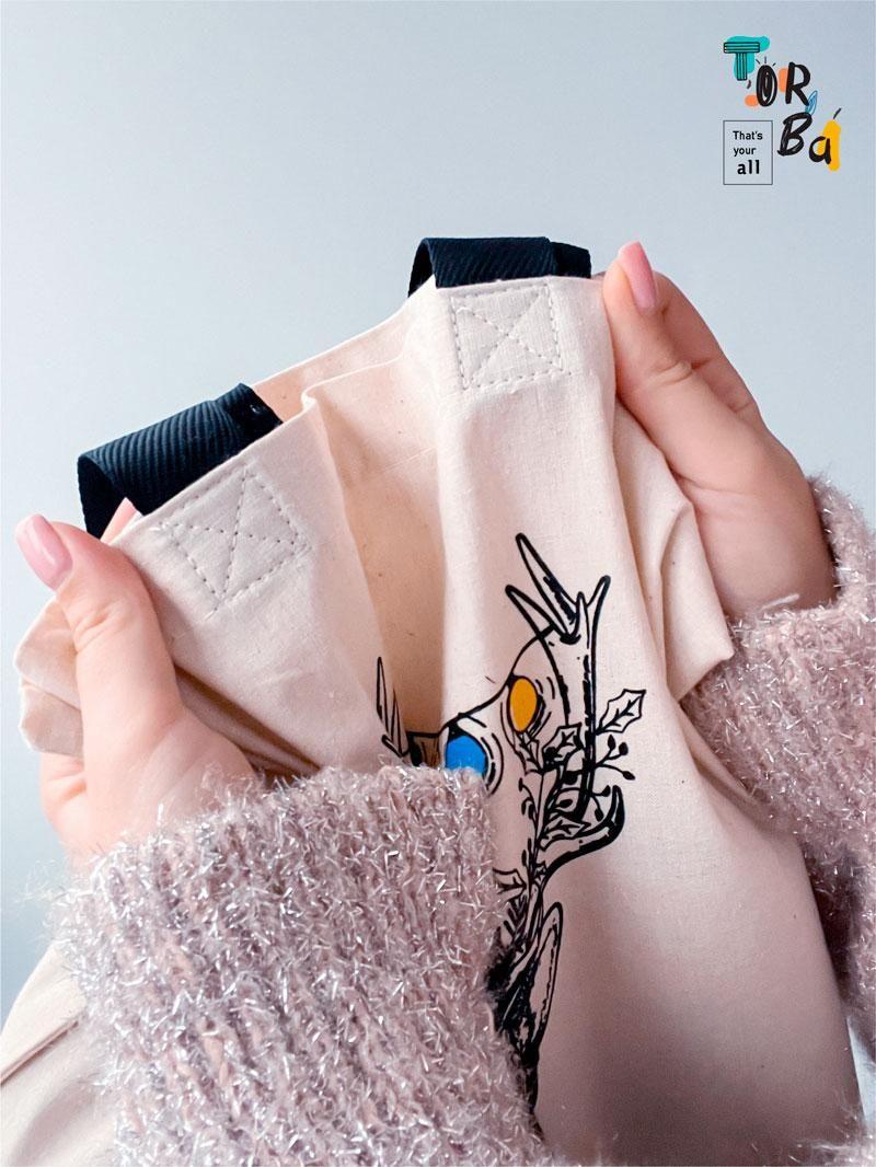 Шопер з бязі "Все буде добре" принт Олень з друком Чорний